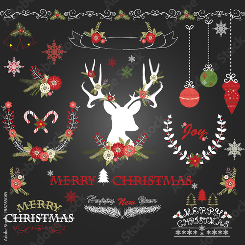Chalkboard Merry Christmas Flowers. Deer, Rustic Christmas Wreath, Christmas Collections.