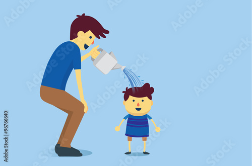 Father watering a son with water from watering pot. This illustration is concept about parenting for grow up and strong like a big tree