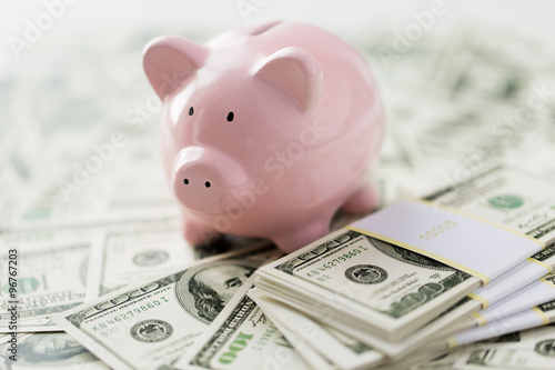 close up of dollar money and pink piggy bank