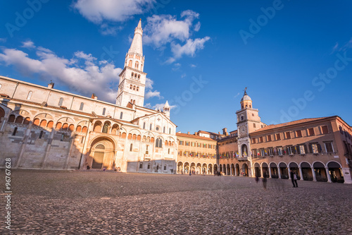 Modena, Emilia Romagna, Italy. Piazza Grande at sunset, with Cathedral Duomo and Ghirlandina leaning tower photo