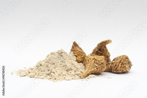 Peruvian ginseng or maca (Lepidium meyenii), dried root and  pow photo