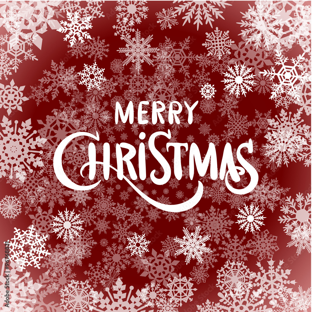 Merry Christmas - red glittering lettering design with snowflakes pattern