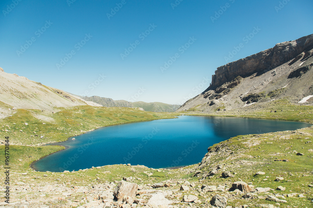 Backpacking in the mountains in the Caucasus, the Agur lake