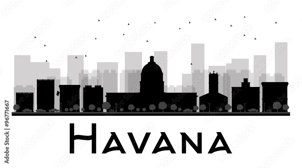 Havana City skyline black and white silhouette. Some elements have transparency mode different from normal
