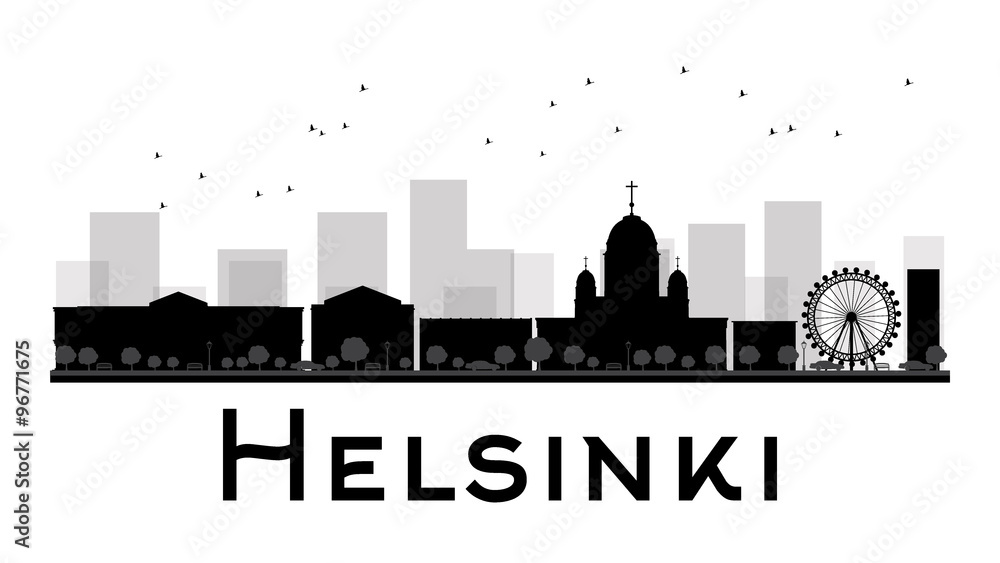Helsinki City skyline black and white silhouette. Some elements have transparency mode different from normal
