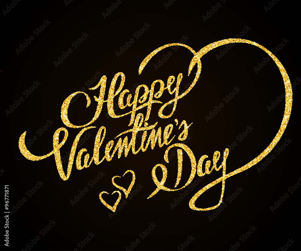 Happy Valentines Day gold glitter hand lettering on black background greeting card Happy Valentines Day gold glitter hand lettering on black background greeting card