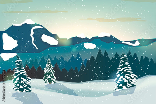 winter landscape background with winter tree and snow mountains. 