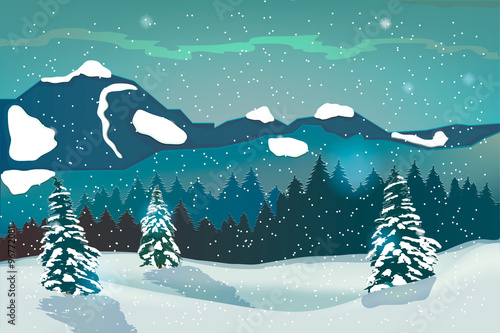 winter landscape background with winter tree and snow mountains. 