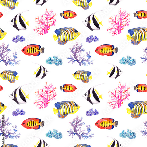 Fish and seashell. Repeating seamless pattern. Watercolor  photo