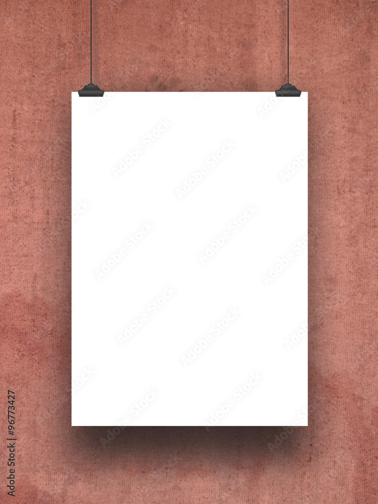 Single hanged paper sheet with clips on stained red canvas background Single hanged paper sheet with clips on stained red canvas background