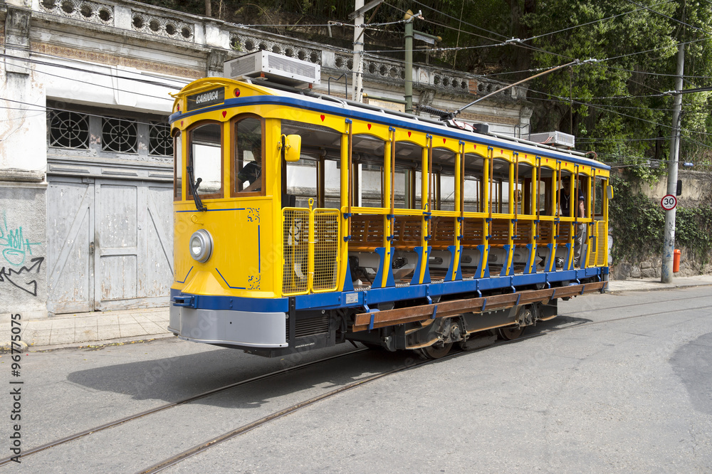 Old-fashioned bonde tram stands empty on the streets of Santa Teresa in Rio de Janeiro, Brazil 
