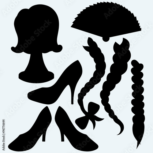 Japanese folding fan, heel shoes, wig and female plait. Isolated on blue background. Vector silhouettes