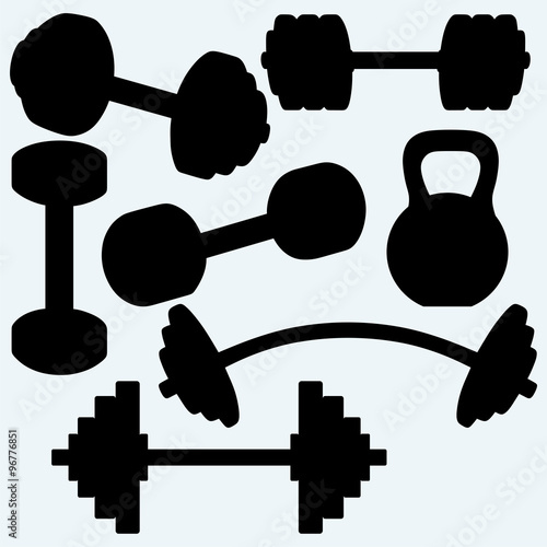 Barbell, barbell and kettlebell. Isolated on blue background. Vector silhouettes