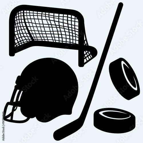 Hockey icon. stick, puck, hockey gates and helmet. Isolated on blue background. Vector silhouettes