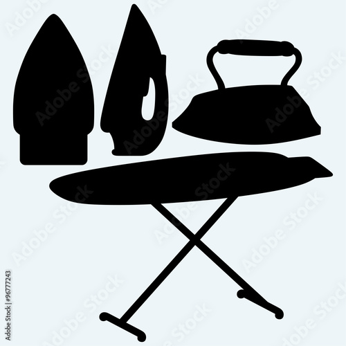 Set iron and ironing board. Isolated on blue background. Vector silhouettes