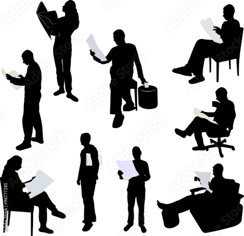 man and women reading newspaper silhouettes - vector