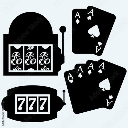 Gambling, winning in slot machine and poker cards. Isolated on blue background. Vector silhouettes