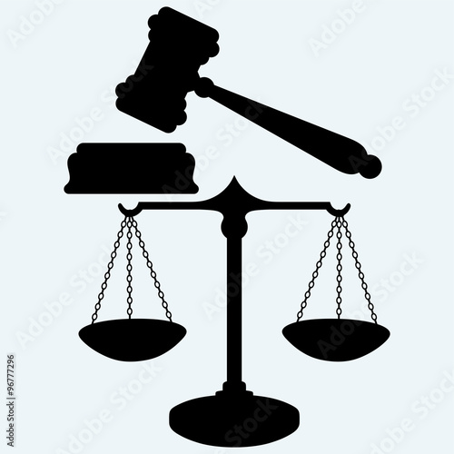 Scale and judge gavel. Isolated on blue background. Vector silhouettes
