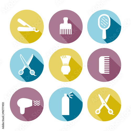 Barbershop (hair salon) vector icons set (light blue, light yellow, light violet). Flat design. Perfect for you business!