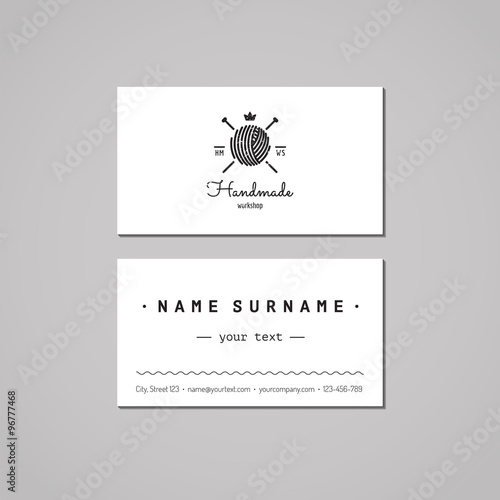 Handmade workshop business card design concept. Handmade workshop logo with yarn ball and knitting needles. Vintage, hipster and retro style. Black and white.