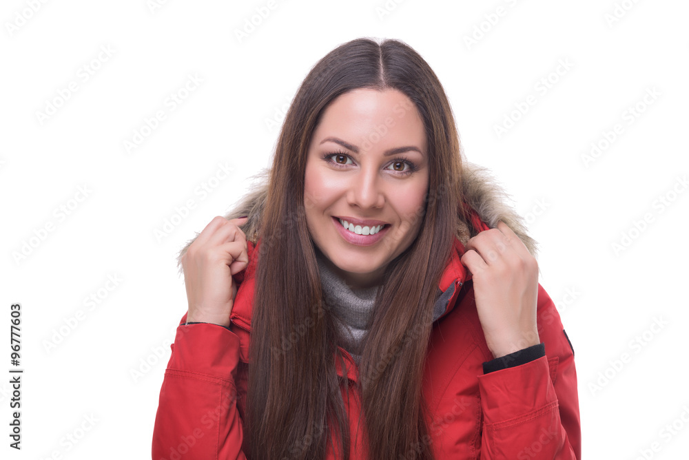 Beautiful woman in winter red jacket . Beautiful woman in winter red jacket .