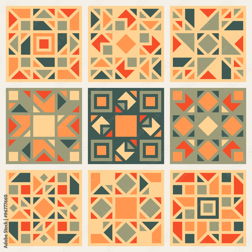 Set of Nine Vector Geometric Square Quilt Retro Pattern Design Element Set in Orange and Green Colors