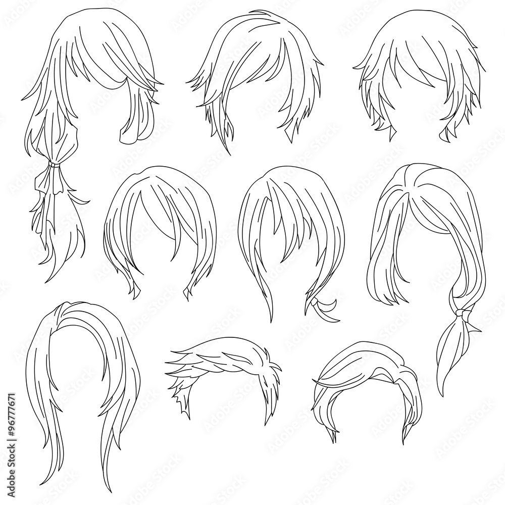 Hair styling for woman drawing Set 1. illustration isolated on white Background