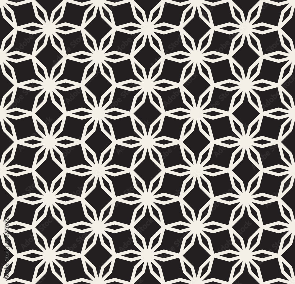 Vector Black and White Seamless Hexagonal Floral Star Lace Line Pattern Vector Black and White Seamless Hexagonal Floral Star Lace Line Pattern