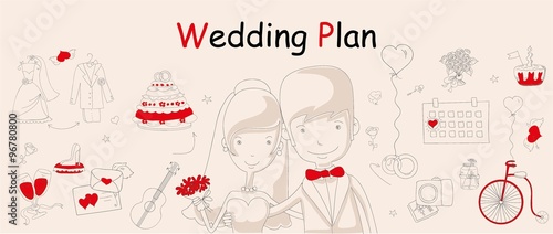 Doodle line design of web banner template with outline cartoon wedding icons. Wedding Planner Icons and Infographics