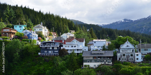 Houses sit high on a ridge overlooking the waterfront in Ketchikan, Alaska