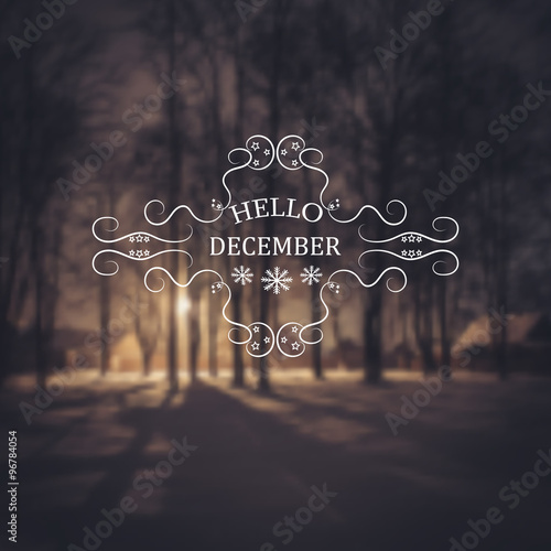 Hello December. Winter background. Greeting Card. Typographic design