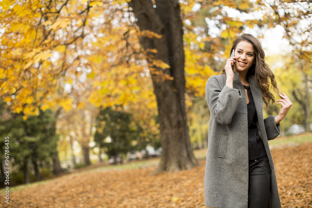 Woman with mobile phone in the autumn park Woman with mobile phone in the autumn park