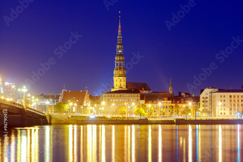 Riga. View the Church of St. Peter at night.