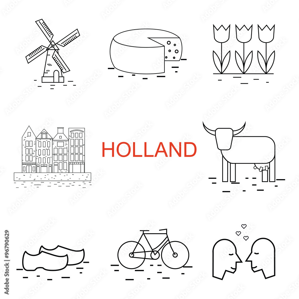 Naklejka premium Vector line Holland icon. Windmill, tulip, bike, clogs. Dutch culture