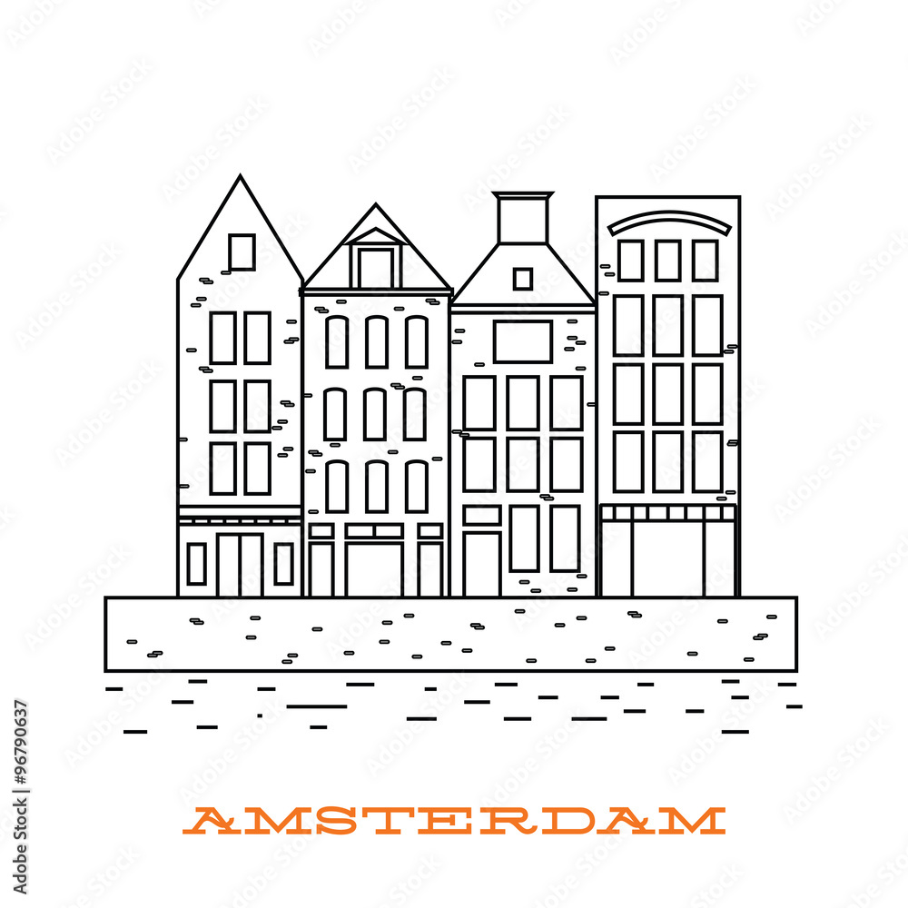 Vector Amsterdam icon. Old building on river. Holland. Dutch culture