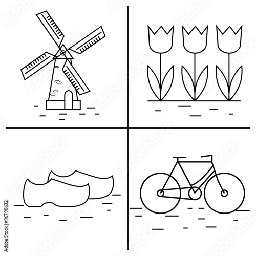Vector  line Holland icon. Windmill, tulip, bike, clogs. Dutch culture
