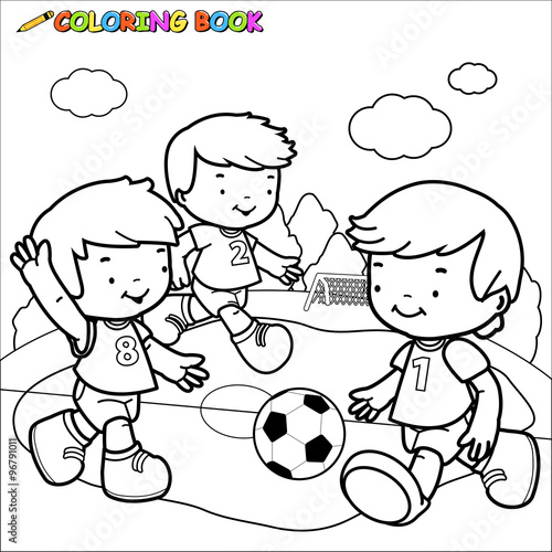 Little boys playing soccer. Vector black and white coloring page