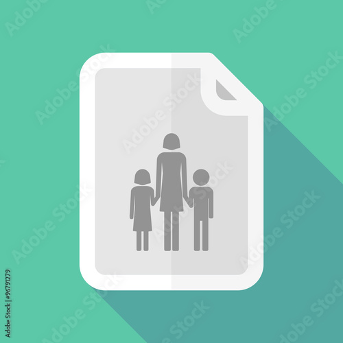 Long shadow document vector icon with a female single parent fam