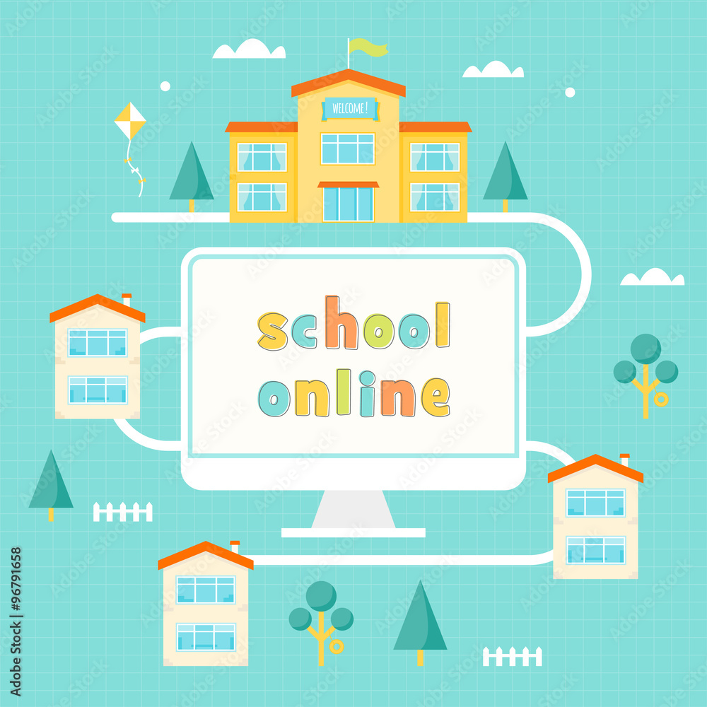 Computer, School Building and Houses. Online Learning Illustration