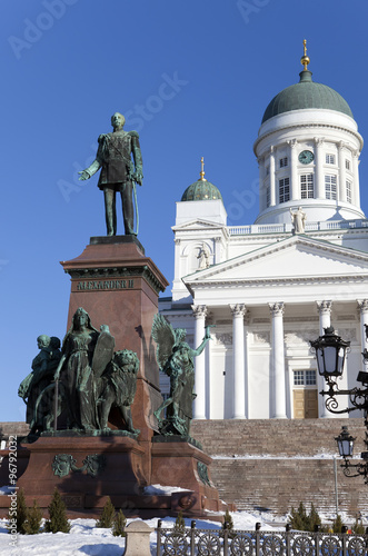 Lutheran cathedral and monument to Russian Emperor Alexander II in Helsinki, Finland..