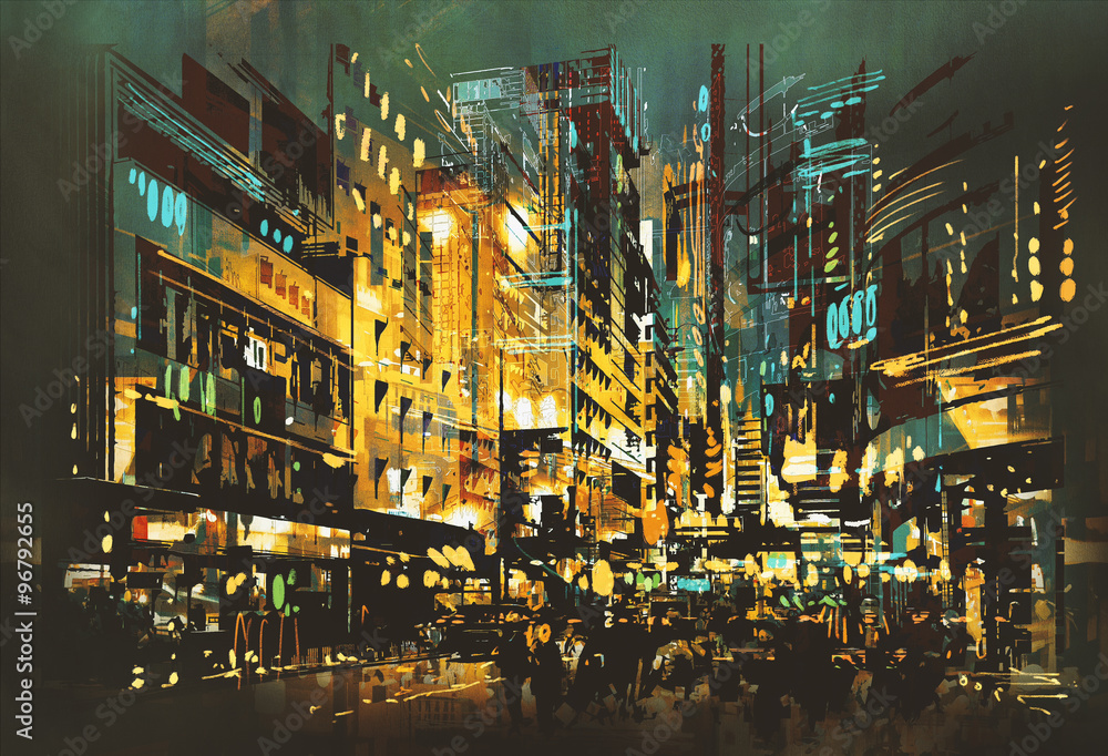 Fototapeta night scene cityscape,abstract art painting