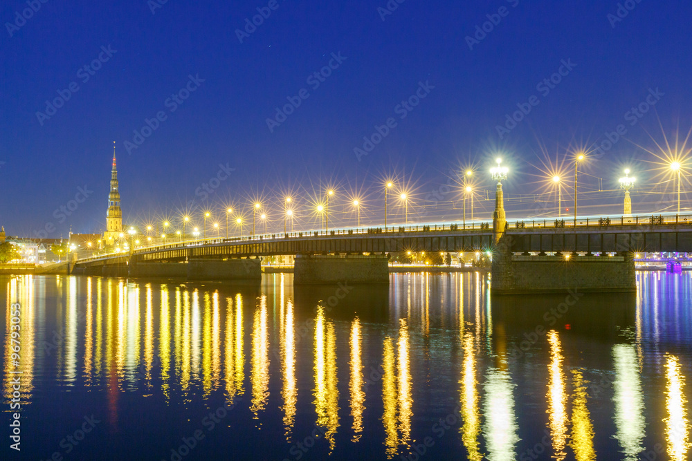 Riga. The bridge across the Daugava River at night.