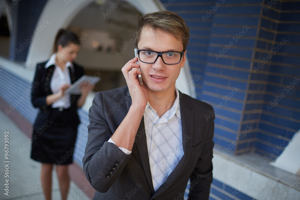 business woman with tablet and businessman with telephone business woman with tablet and businessman with telephone