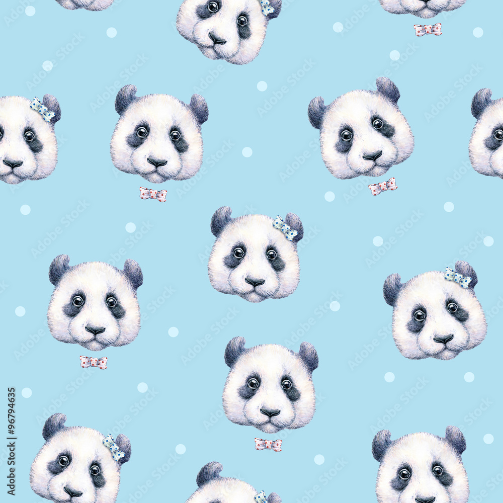 Pandas on light blue background. Seamless pattern. Watercolor drawing. Children's illustration. Handwork Pandas on light blue background. Seamless pattern. Watercolor drawing. Children's illustration. Handwork