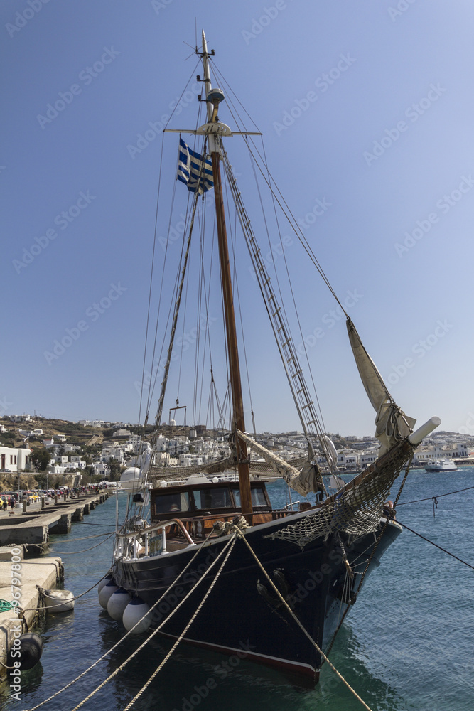 Ship at the port of Mykonos, Greece
