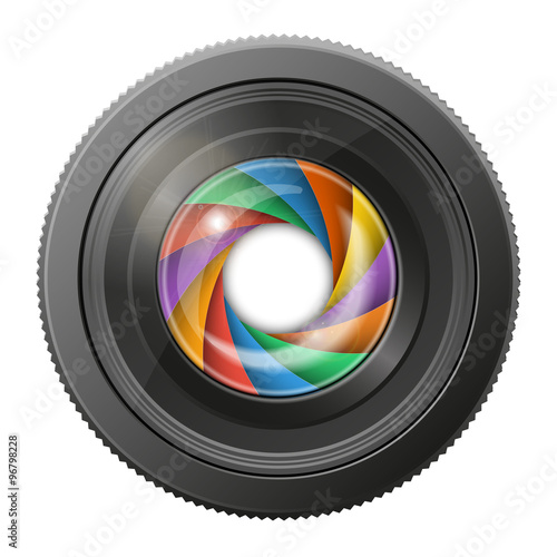Camera lens with multicolored shutter open, isolated on white background.