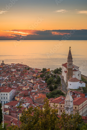 Sunset Over Adriatic Sea and Picturesque Old Town of Piran, Slovenia. Aerial ...