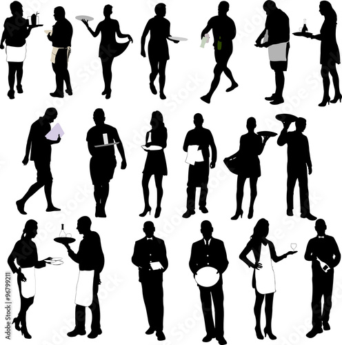 waiters and waitresses silhouette big collection - vector