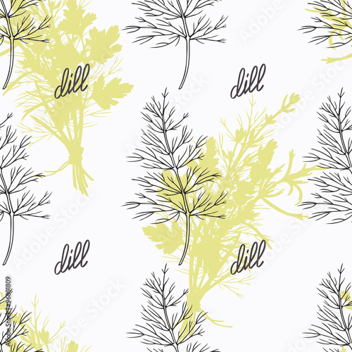 Hand drawn dill branch and handwritten sign. Spicy herbs seamless pattern. Doodle kitchen background