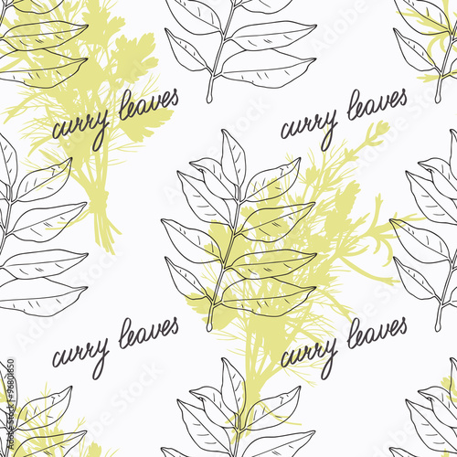 Hand drawn curry leaves branch and handwritten sign. Spicy herbs seamless pattern. Doodle kitchen background